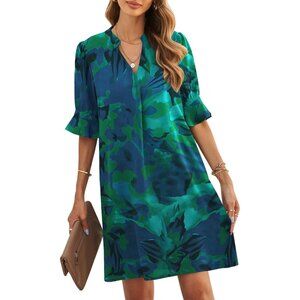 Women's Greenish Blue Polyester V-Neck Fit Short Sleeve Knee Length Shift Dress